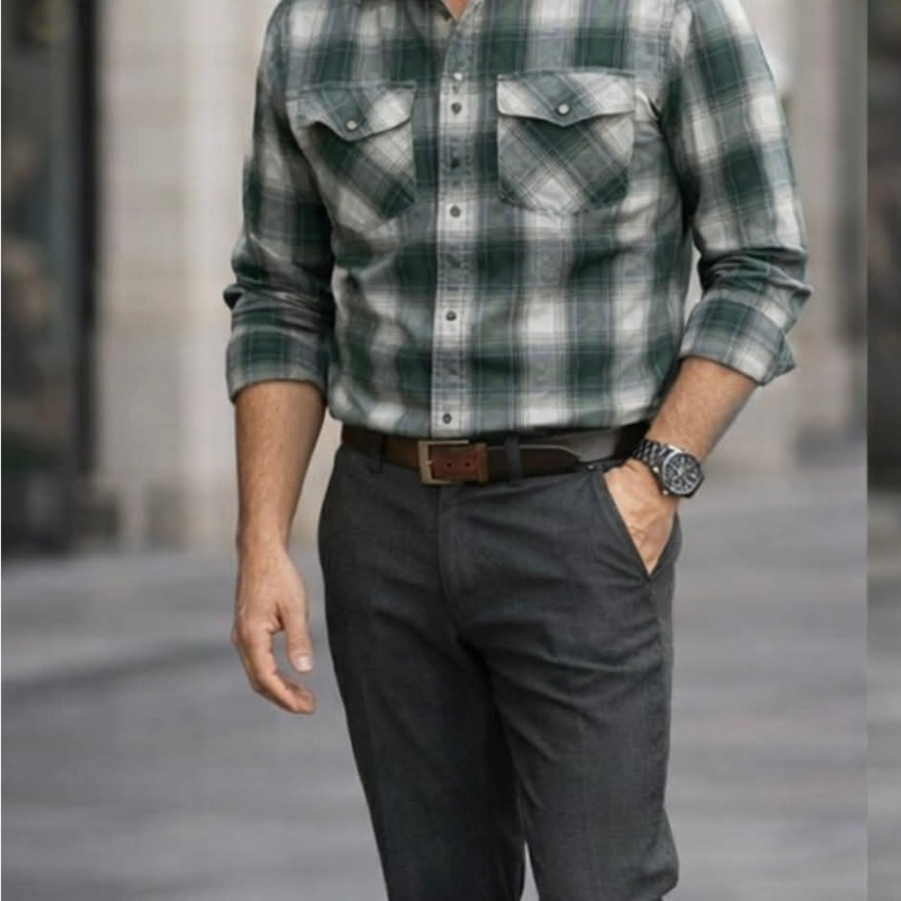 Men's Green Plaid Casual Button-Down Shirt